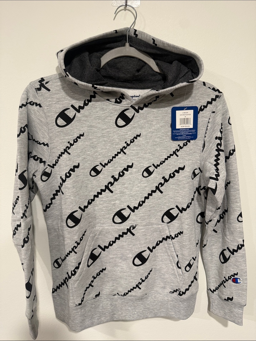 Champion Gray Hoodie with All-Over Black Logo Print